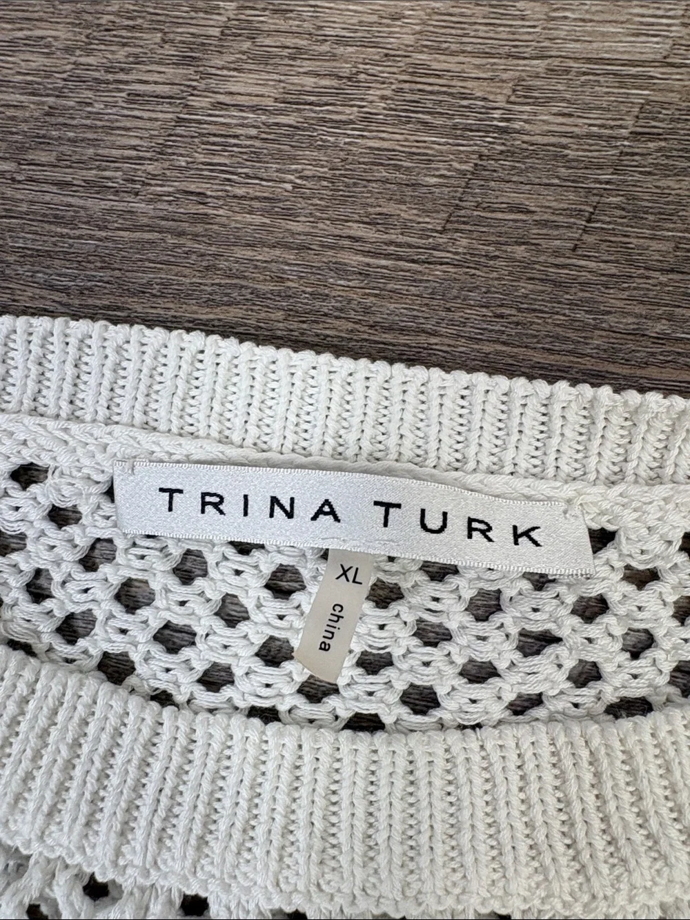 Trina Turk White Open Knit Crochet Sweater Pullover Size XL